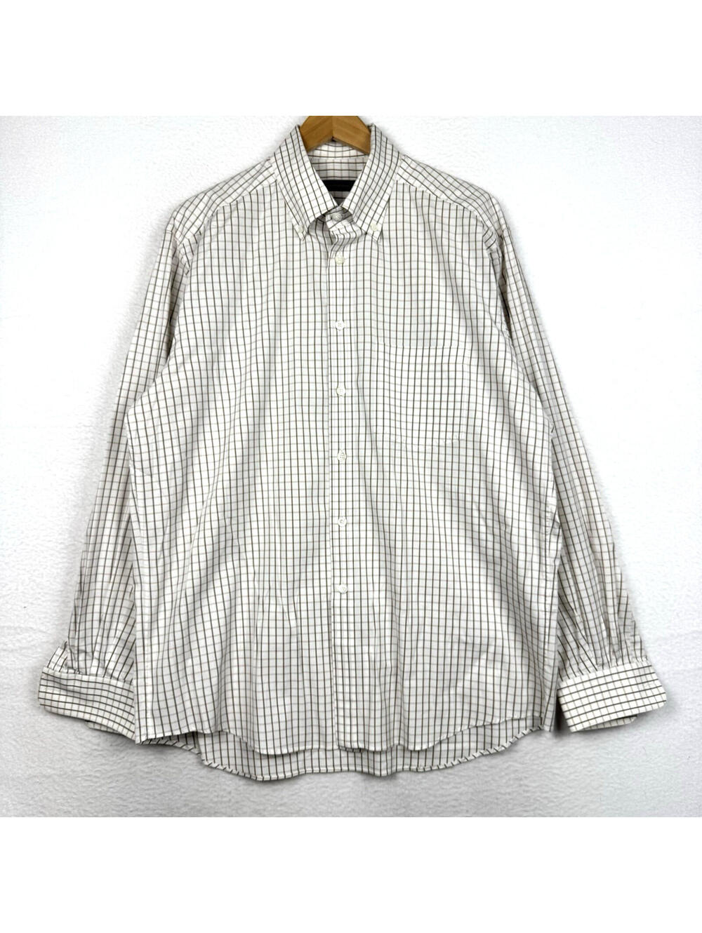 Ermenegildo Zegna Mens XL Long Sleeve Button Down Cream Brown Plaid Dress Shirt